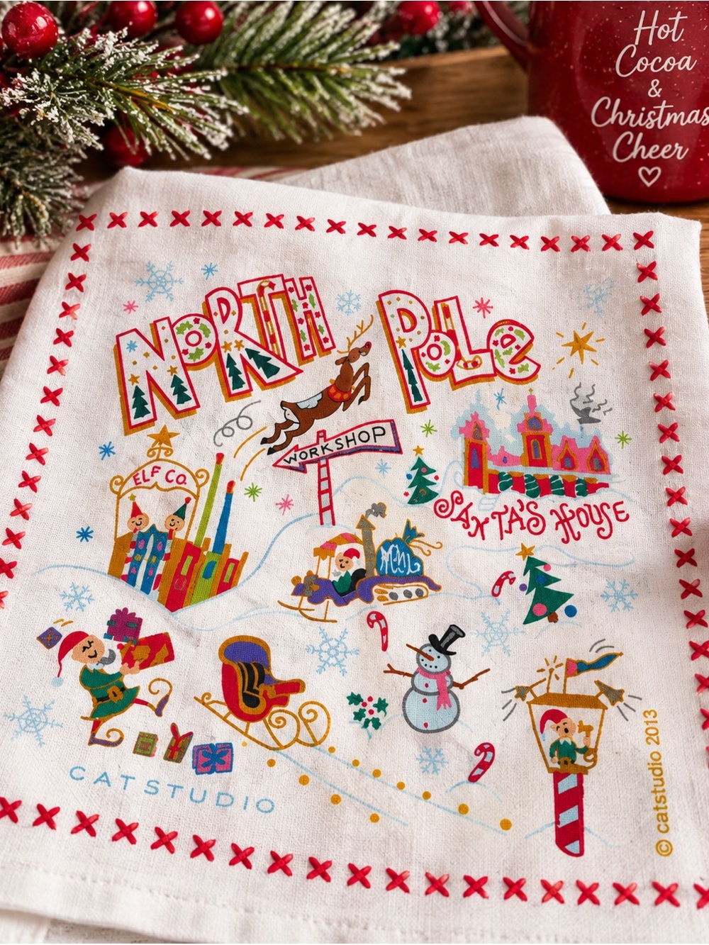 catstudio North Pole City Embroidered Cotton Christmas Kitchen Dish Towel